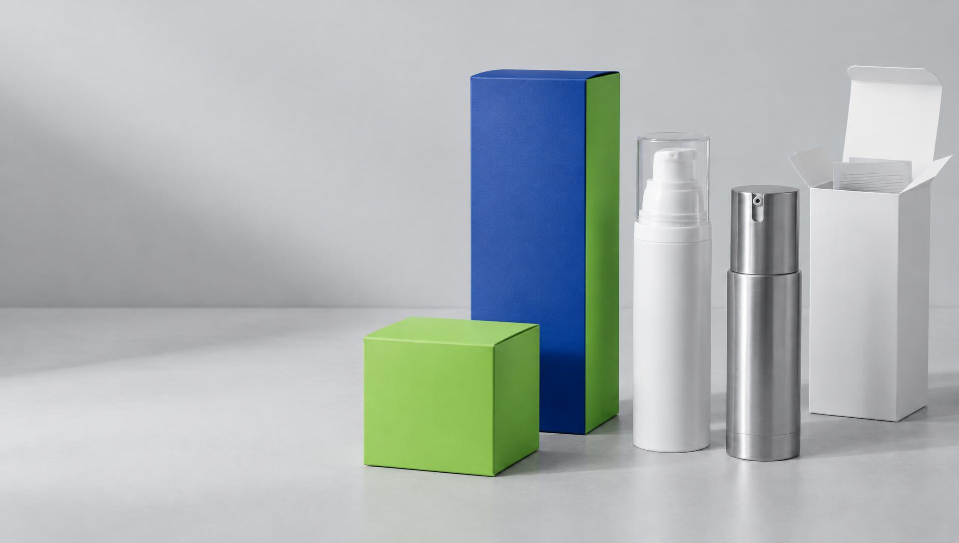 Blue and lime concept cartons with white and silver cosmetic containers
